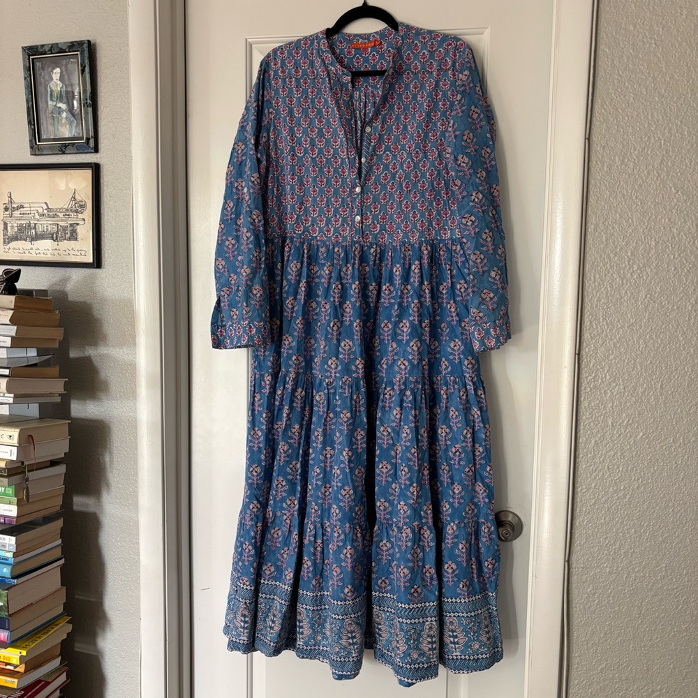 Oliphant Mandarin Maxi long sleeved tiered block print cotton dress sz large